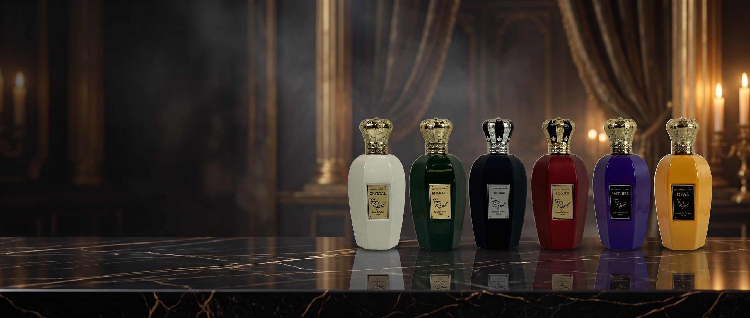 The six Regal Parfumes bottles: Crystal, Emerald, The King, The Queen, Sapphire and Opal